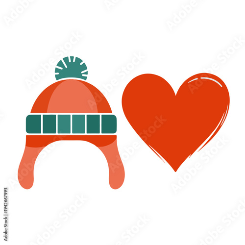 Coral red winter hat with green band and pom pom next to heart symbol isolated on white background