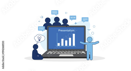Vector illustration of people around laptop with presentation on screen