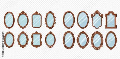 Set of antique mirrors with wooden frames, various shapes and styles, isolated on transparent background.