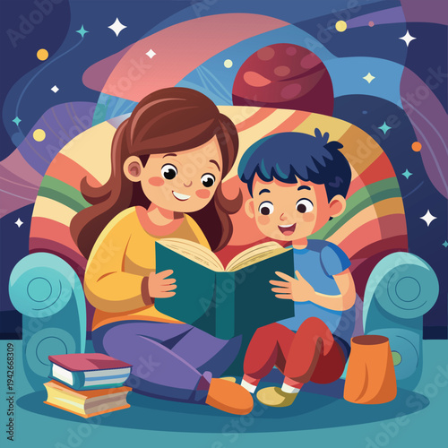 Brother and Sister Bonding Over Storytime Indoor Scene