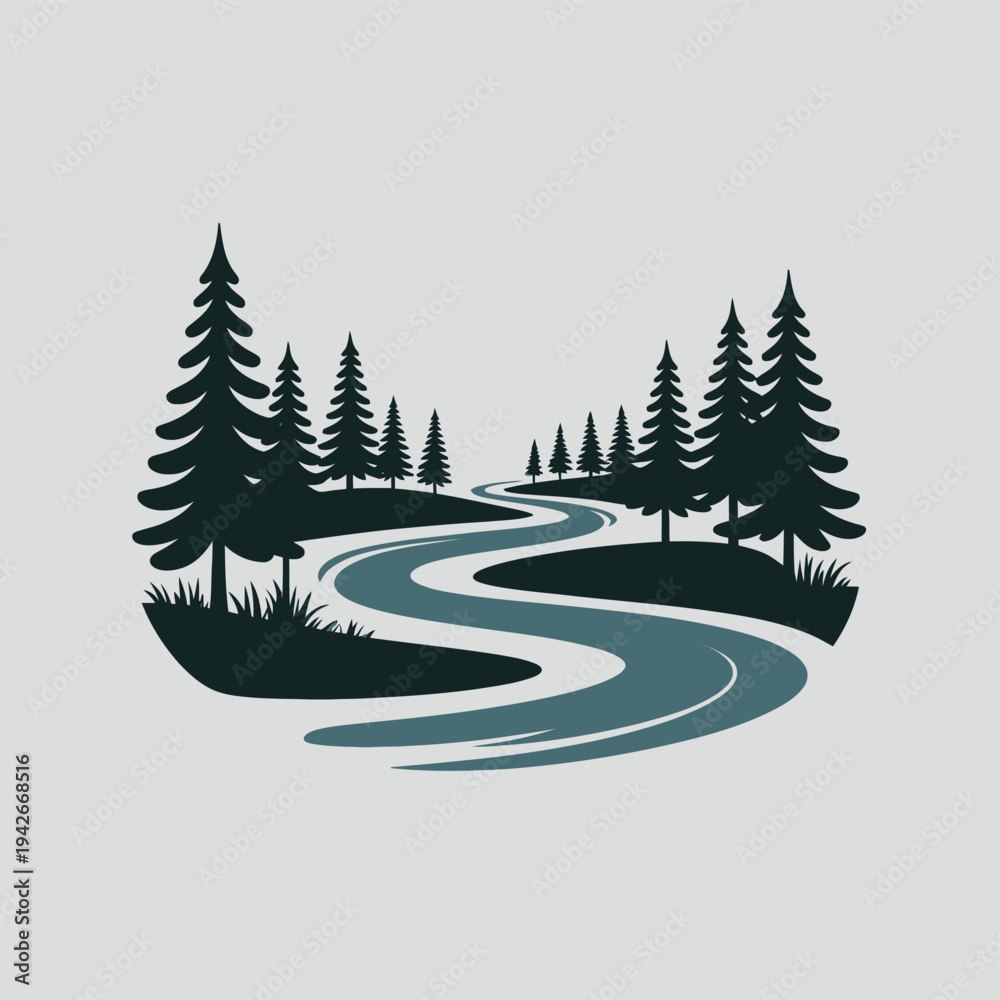 Fototapeta premium A winding river flows through a forest of tall pine trees. Vector