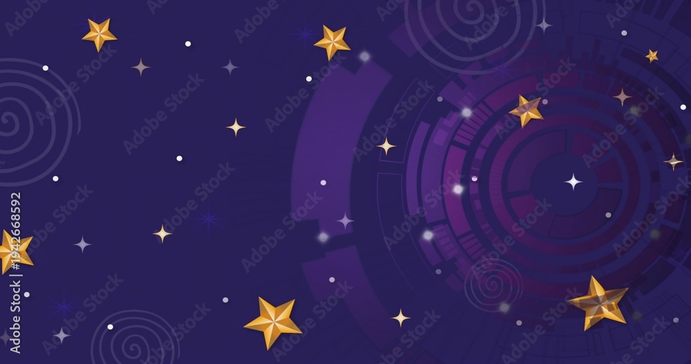 Obraz premium Glossy golden 3D five-pointed stars floating across purple navy gradient with magenta tech rings