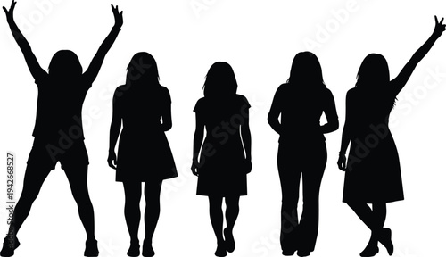 Silhouette illustration of five diverse people in unique poses and clothing styles, symbolizing individuality, fashion, unity, and modern design concepts