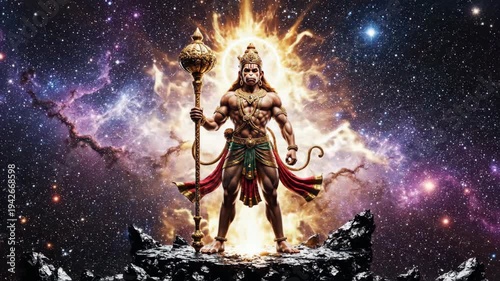 Lord hanuman stands powerfully with his gada, glowing golden against a vibrant cosmic sky, celebrating hanuman jayanti.