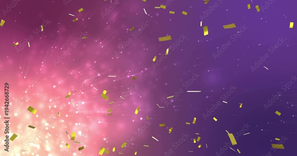 Fototapeta premium Glittering gold confetti filling pink-to-purple studio backdrop with bright burst, sparkles, bokeh