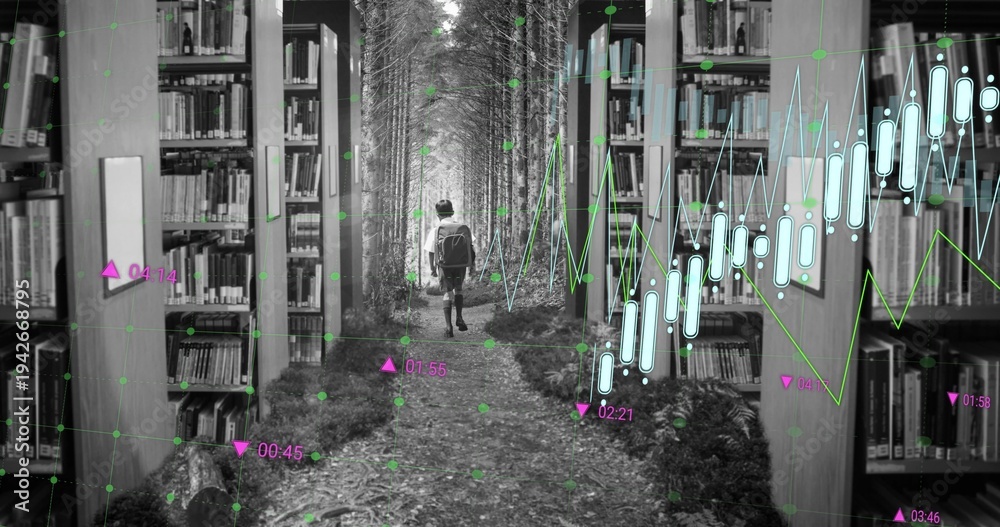 Obraz premium Vertical video: Walking boy with pack following overlays down library aisle past shelves, trees