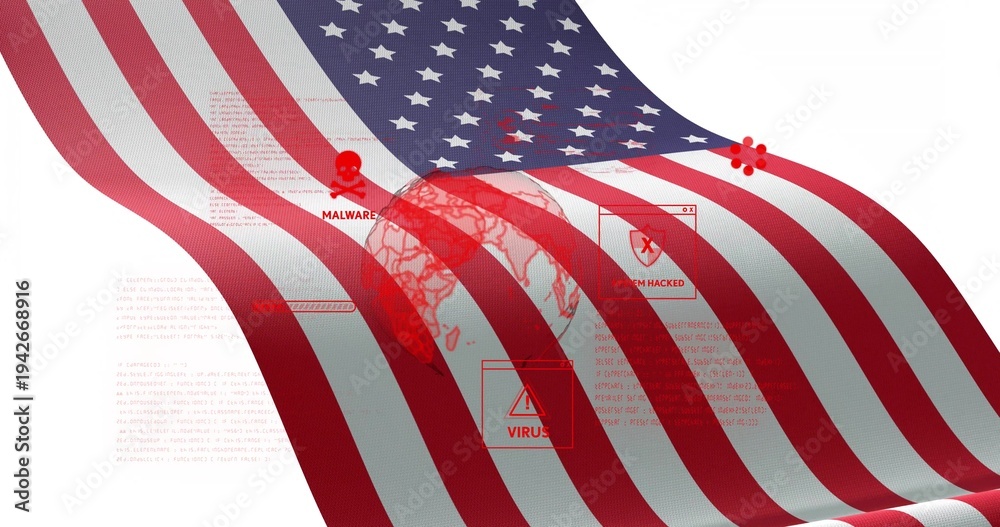 Obraz premium Displaying United States flag draping across white backdrop, with globe, skull icon and alerts
