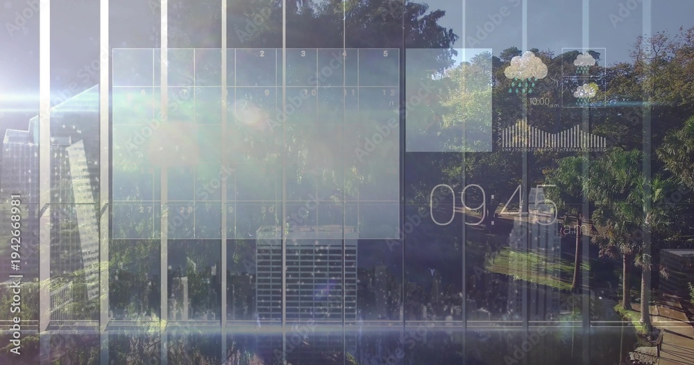 Naklejka premium Displaying smart glass wall showing digital calendar grid, 09:45 am clock, weather widget in office