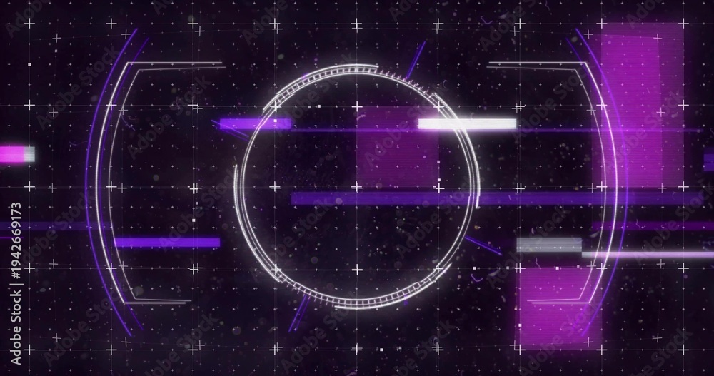 Fototapeta premium Displaying central white HUD ring with tick marks pulsing on starfield, crosshair grid, purple arcs