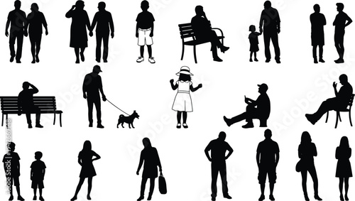Silhouette illustration of multiple people in everyday activities with one colorful girl figure, symbolizing diversity, lifestyle, community, and modern design concepts