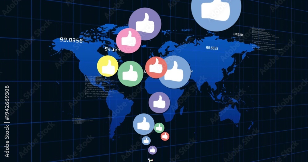 Naklejka premium Visualizing multicolor thumbs-up markers descending along center of digital world map, with coords