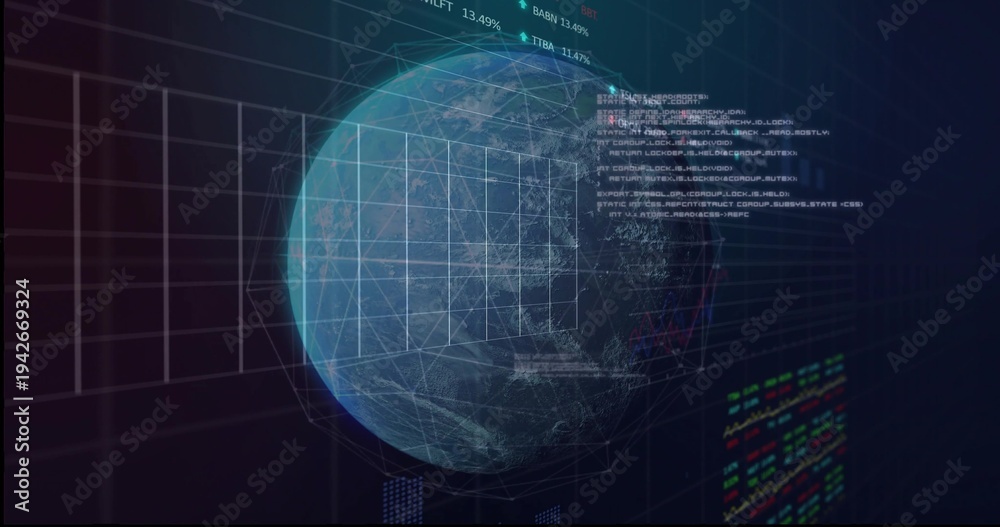 Fototapeta premium Rotating wireframe globe projecting node links and 3x3 grid in HUD with code panels and tickers