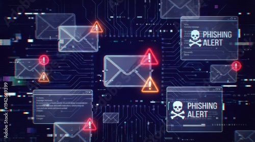 Phishing alert warning signs on digital circuit board with email icons cybersecurity concept