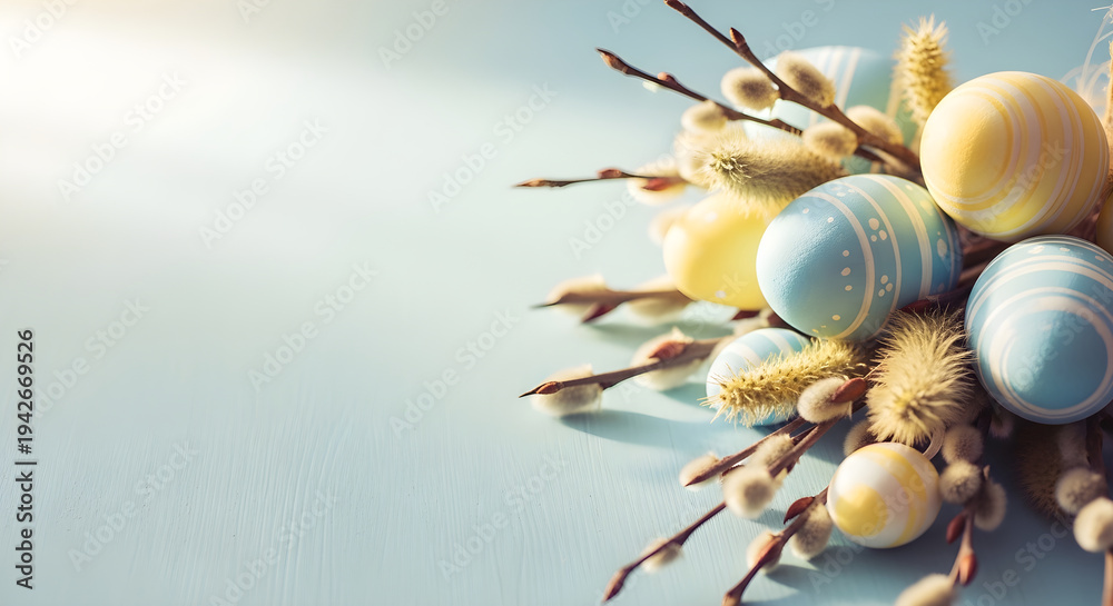 Fototapeta premium Easter eggs and floral arrangement on pastel background for springtime celebrations