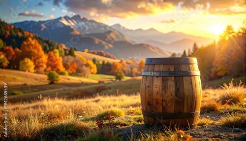 Wooden barrel in a sunlit autumnal mountain landscape with a golden sky