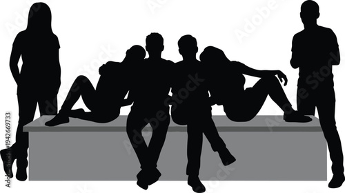 Silhouette illustration of six people seated and standing on rectangular platform, symbolizing teamwork, unity, friendship, and community in modern design concepts