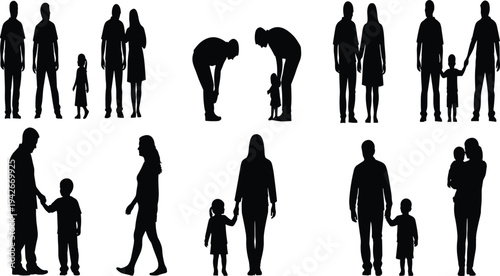 Silhouette illustration of ten family figures showing adult and child interactions, symbolizing parenting, caregiving, unity, love, and community in modern design concepts