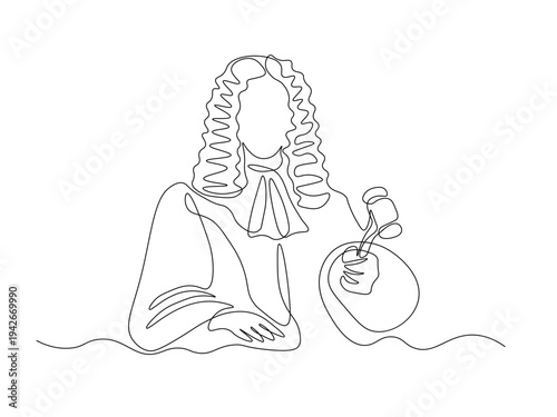 Continuous line drawing of judge holding a gavel, elegant minimalist legal illustration for law, justice and courtroom themed design