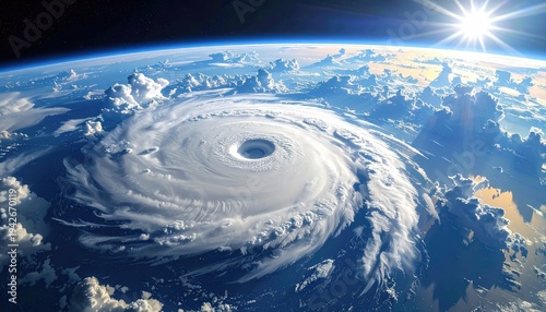 Earth view showcasing a large hurricane with the sun shining