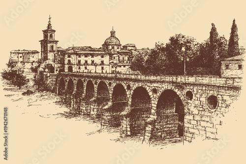 Aqueduct of Segovia, Spain illustration in a vintage style. This vector illustration can be used in any size you like for advertising, logos, and other work.