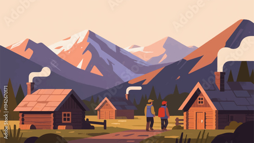 Illustration Of An Adventurer Arriving At A Small Remote Village In The High Mountain Vector Design Template
