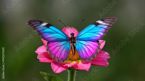 Blue butterfly resting on pink flower