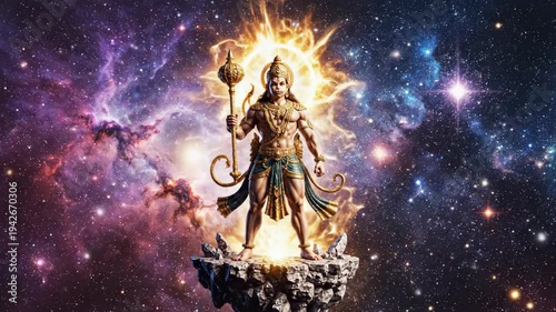 Majestic lord hanuman, holding his gada, stands powerfully with a golden aura against a cosmic galaxy, celebrating hanuman jayanti.