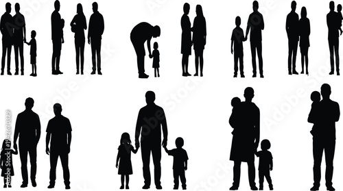 Silhouette illustration of twelve family figures including adults and children in various poses, symbolizing parenting, unity, caregiving, and community design concepts