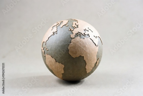 Decorative handcrafted globe with raised continent outlines in wood and metal tones on grey background.