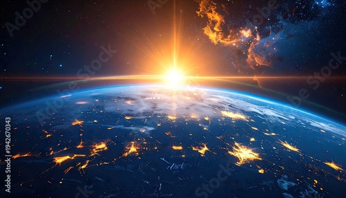 Glowing Sunburst above Earth, Cities twinkle, vast cosmos surrounds