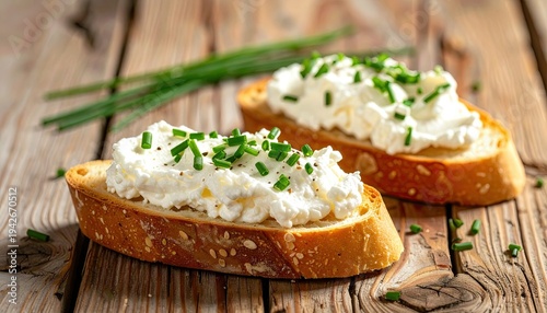 Two crusty bread slices with creamy spread and green garnish on wood