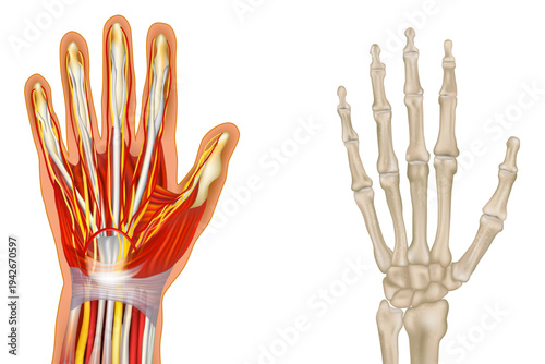 Detailed medical illustration of the human hand. Muscular system, tendons, and nerves, while the other side shows the full skeletal structure including phalanges, metacarpals, and carpal bones. 