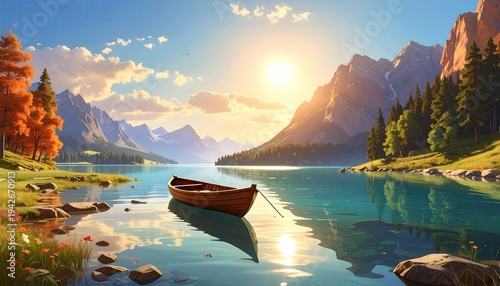 Calm lake with a rowboat, mountains, sunrise, and colorful trees