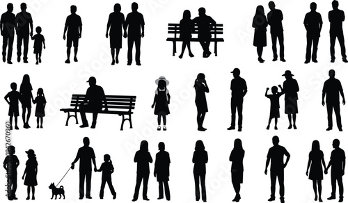Silhouette illustration of twelve people in everyday activities, including walking, sitting, holding hands, and interacting, symbolizing diversity, lifestyle, community, and design concepts