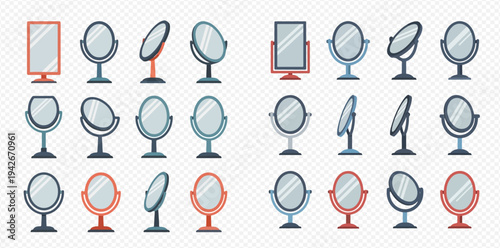 Collection of various vanity mirrors in different shapes, angles, and colors, perfect for beauty and reflection concepts.