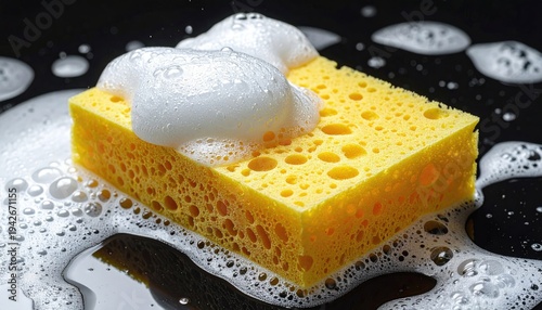 Yellow porous cleaning tool saturated in bubbly, white foam