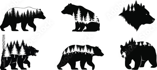 Bear silhouettes with pine forest landscape, wildlife nature vector set