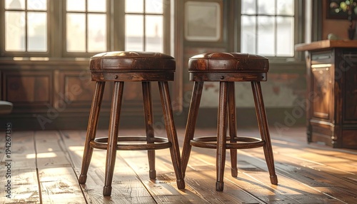 Two padded leather bar stools in a room with hardwood floors