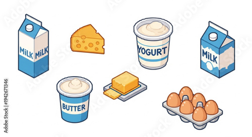Dairy Products Collection Milk Yogurt Butter.