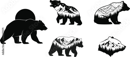 Bear wildlife silhouettes set, mountain forest double exposure vector collection