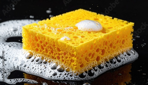 Yellow cleaning sponge resting in a pool of bubbly white foamy suds
