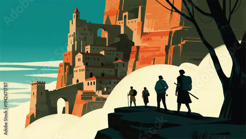 Illustration Of An Adventurer Arriving At An Old Town Situated On Top Of A Steep Cliff Vector Design Template