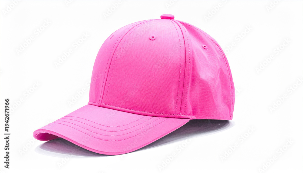 Fototapeta premium Bright pink baseball cap with a curved brim and a central button on a white background