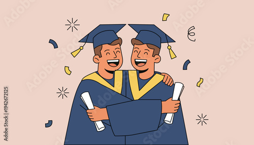 Two happy male graduates in gowns hugging and celebrating with diplomas and confetti