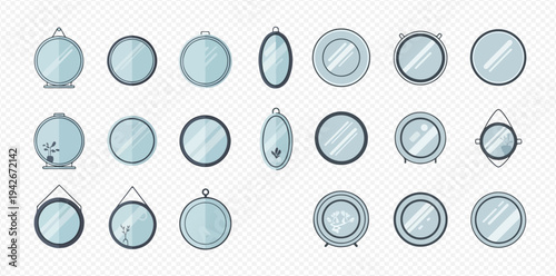 Set of round and oval mirrors with various frames, hanging and standing designs.