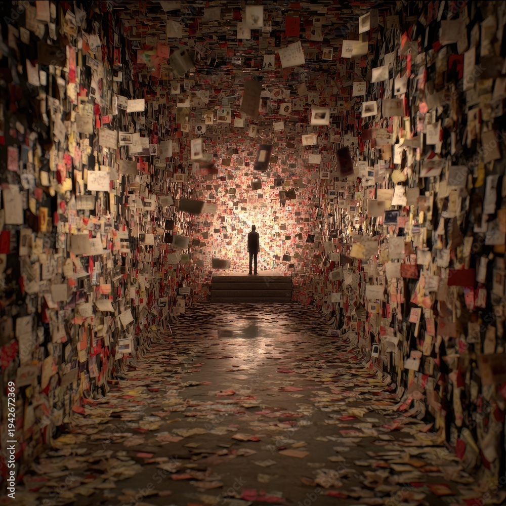 Fototapeta premium Silhouette figure in a tunnel of paper notes