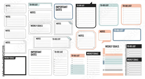 Collection of Various Planner Stickers and Note Templates for Organization.