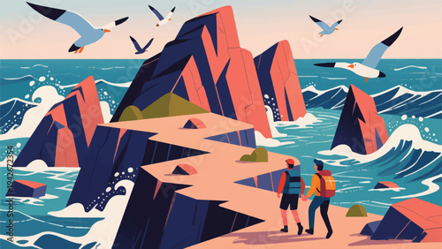 Illustration Of An Adventurer On A Remote Island With Sharp Cliffs And Big Waves Vector Design Template