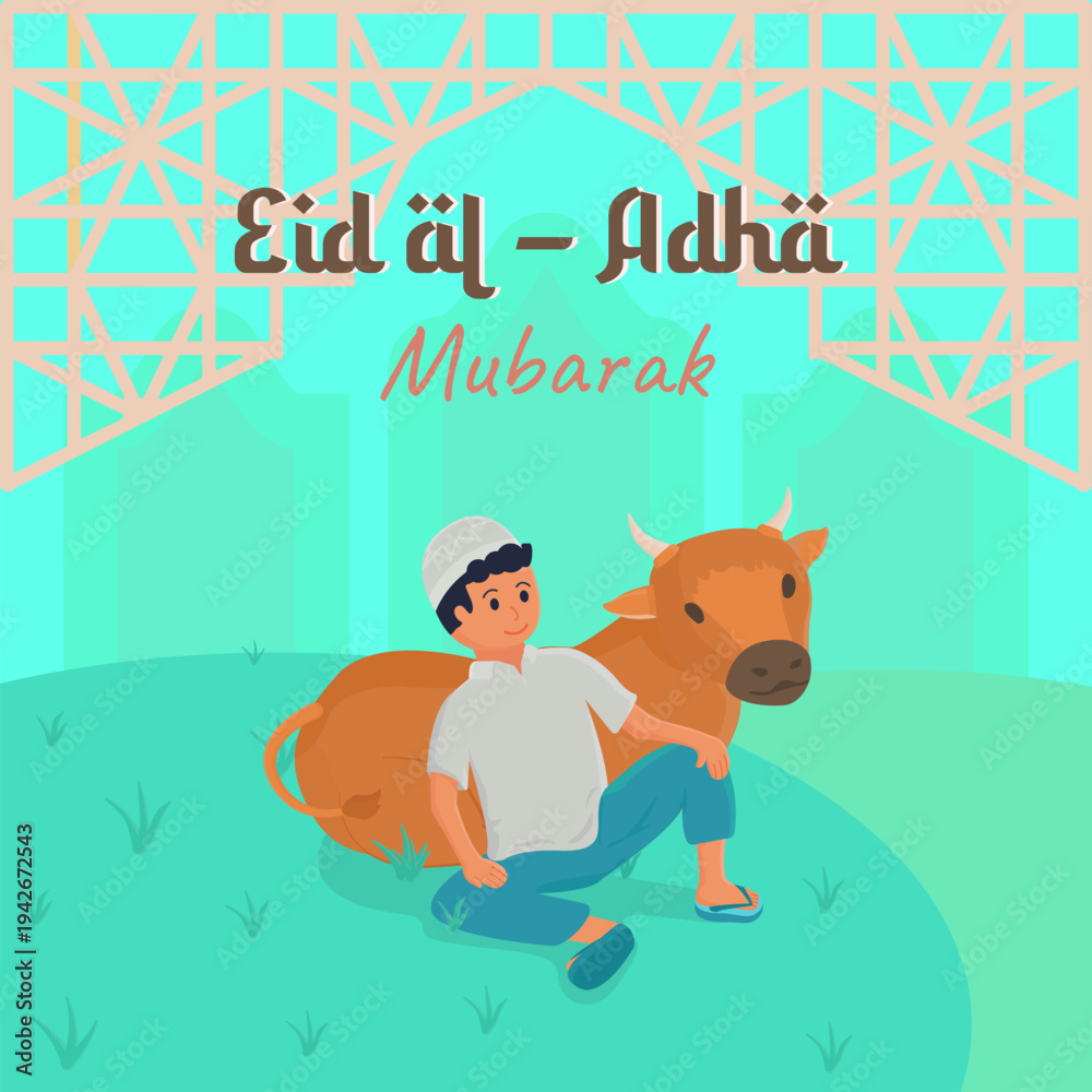 Fototapeta premium Illustration of a Muslim boy with a sacrificial cow celebrating Eid al-Adha Mubarak.