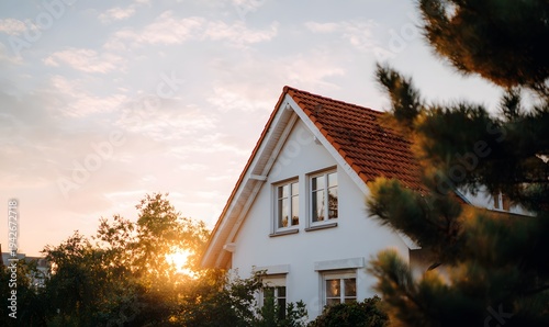 a suburban european house with a triangular roof